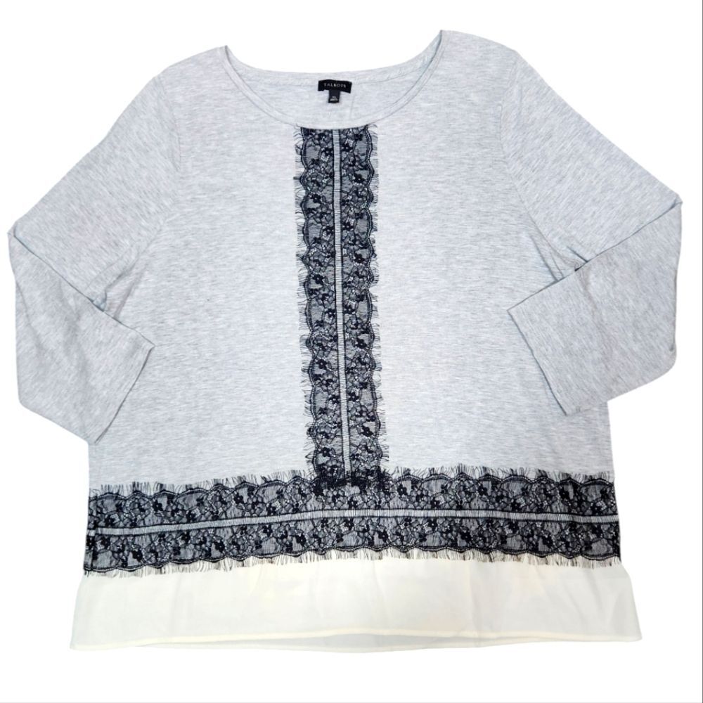 Talbots Top Cotton Shirt Lace Silk Ruffle Trim 3/4 Sleeve Gray Black Cream XL - Picture 1 of 9